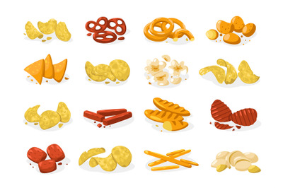 Salty snacks collection. Crunchy crackers, fried appetizers and baked