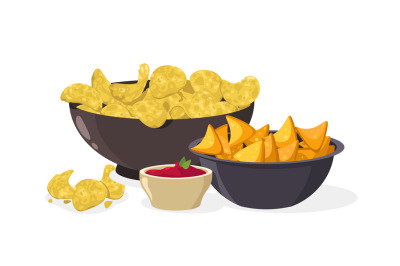 Cartoon chips in bowl. Yellow crispy fried potato snack in bowl, crunc