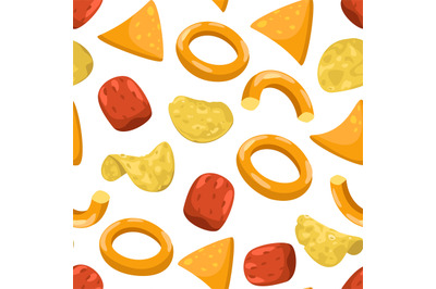 Potato chips pattern. Seamless print of crunchy crispy salted snack, f