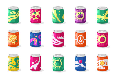 Soda in aluminum can. Cute beverage cans with colorful sweet fizzy pop