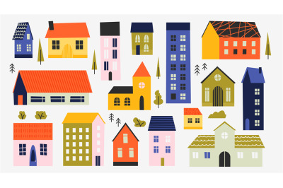 Cute town buildings. Cartoon village houses exterior, variable old doo