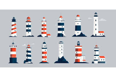 Lighthouses collection. Cartoon nautical navigation light tower, light