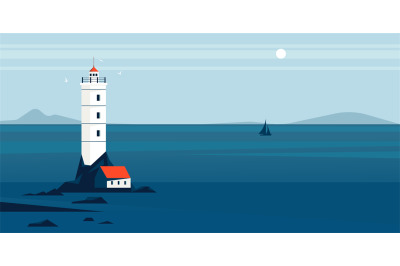 Lighthouse landscape. Cartoon lighthouse silhouette on beach, navigati