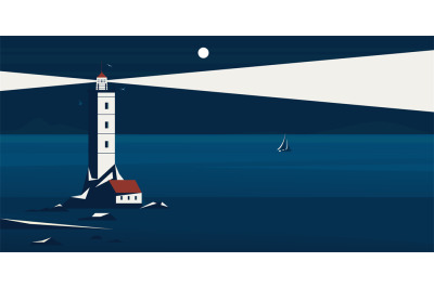 Night lighthouse landscape. Cartoon lighthouse with searchlight beam s