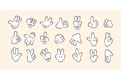 Cartoon white gloves. Hand comic gestures and signals, retro cartoon c