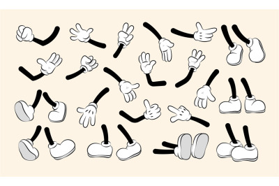 Cartoon hands and legs collection. Cute retro animation white feet and