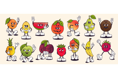 Retro cartoon fruits. Cartoon cute apple, orange and grapefruit faces,