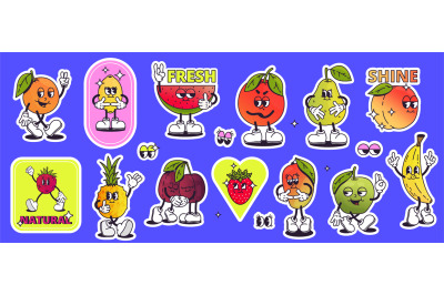 Groovy cartoon fruits stickers. 80s 90s funky fruity labels with smile