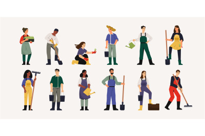 Farmer characters collection. Cartoon agriculture workers with organic