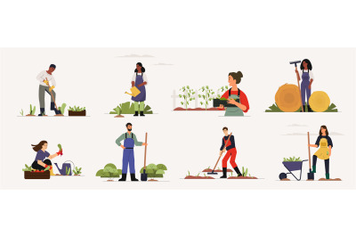 Farm workers. Cartoon persons working in country field cultivate crops