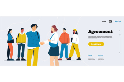 Character agreement landing page. Professional handshaking male and fe