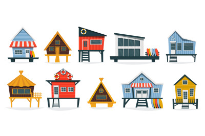 Beach huts collection. Cartoon summer vacation bungalow with roof and