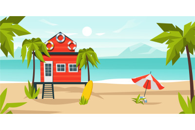 Beach bungalow house background. Cartoon tropical landscape with sand