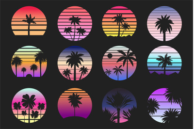 Retro palm sunset labels. Exotic tropical island landscape with stripe