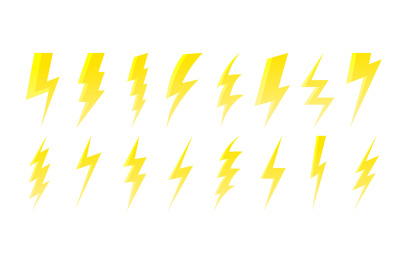 Cartoon yellow lightning bolt. Fast shiny electric arrow symbols, glos