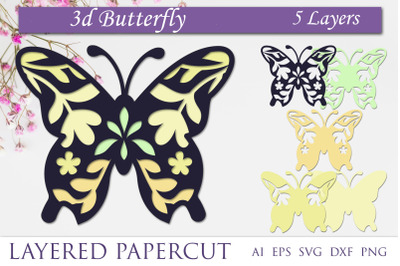 Layered butterfly with flowers svg, 3d decor