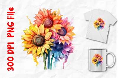 Rainbow Watercolor Sunflowers