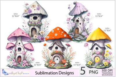 Fairy Mushroom Houses Sublimation|Mushroom House flowers png