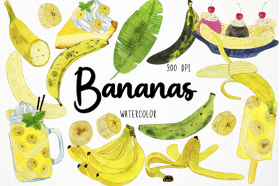 Watercolor Banana Clipart, Tripical Fruits Clipart, Banana Split Clipa