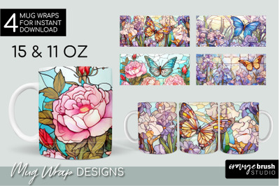 Stained Glass Mug Wrap Sublimation Flowers And Butterfly