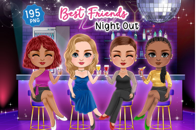 Best Friends Chibi Drinking Cocktails Clipart, Girls Night