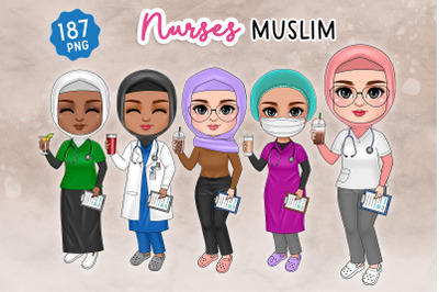 Chibi Muslim Nurse Clipart, Best Friends, Customizable PNG,