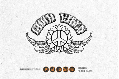 Good vibes word peace weed leaf ornament logo illustrations monochrome