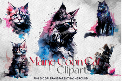 Watercolor Maine coon cat Clipart