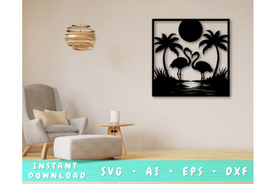 Flamingo Laser SVG Cut File, Beach And Palm Trees SVG, Flamingo DXF