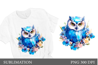 Owl and flowers T- shirt Design. Blue Owl sublimation