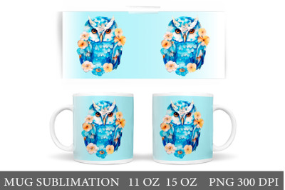 Blue Owl Mug Wrap Design. Owl and flowers Sublimation