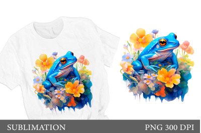 Frog and flowers T- shirt Design. Blue Frog sublimation