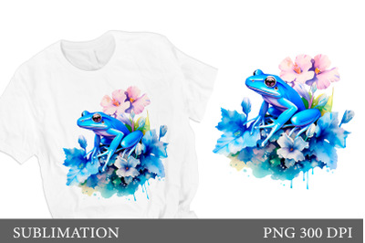 Blue Frog sublimation. Frog and flowers T- shirt Design