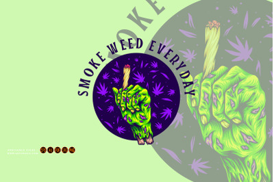 Zombie hand holding lit cannabis joint creepy illustration