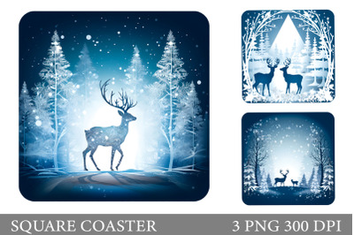 Reindeer Square Coaster. Winter Landscape Square Coaster