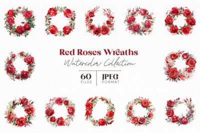 Red Roses Wreaths Watercolor Collection