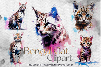 Watercolor Bengal Cat Clipart Bundle