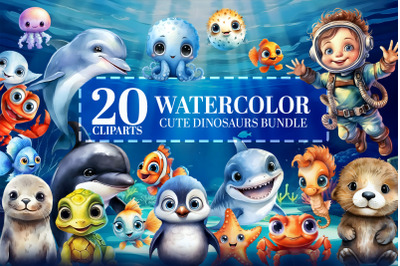 Ocean Babies Watercolor Clipart: 20 Cute Sea Animals PNG