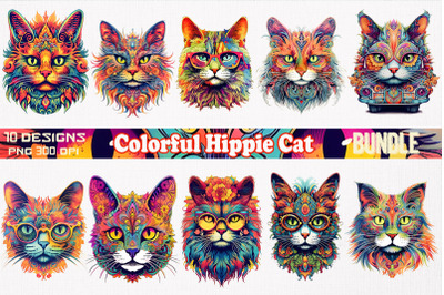 Psychedelic Hippie Cat Clipart Bundle