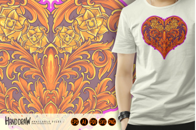 Classical engraved petal heart shaped sophisticated illustrations