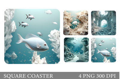 3D Underwater world Square Coaster. 3D White Fish Coaster