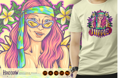 Hippie girl smiling with bohemian frame peaceful illustrations