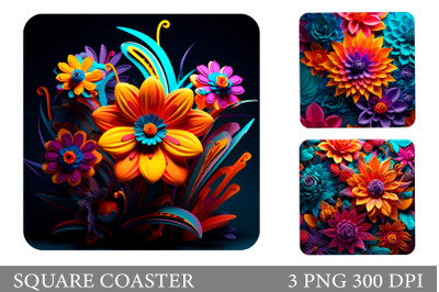 3D Flowers Square Coaster. 3D Flowers Coaster Sublimation