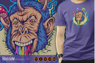 Trippy gorilla mushroom head zone out illustrations