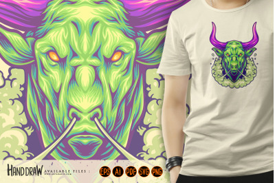 Menacing bull head with powerful aura logo illustration