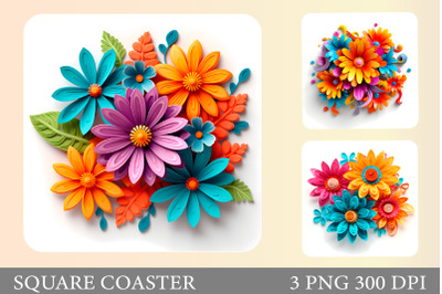 Paper Flowers Square Coaster. 3D Flowers Coaster Sublimation