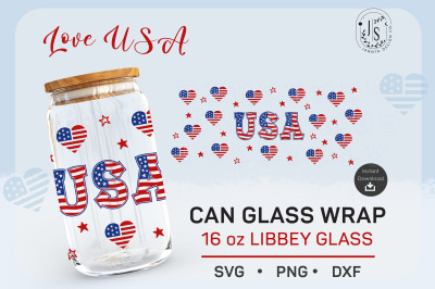 USA Heart SVG, 4th of July Can Glass svg Full Wrap 16oz