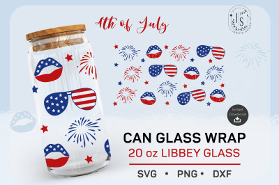 20oz, 4th of July Can Glass SVG, Sunglasses Libbey full wrap
