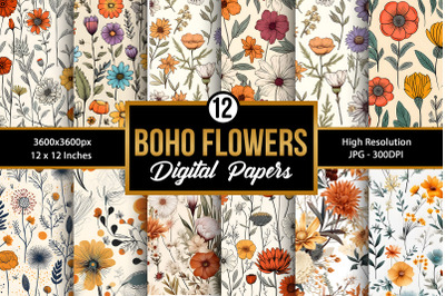 Boho Cute Flowers Seamless Pattern Digital papers