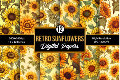 Retro Sunflowers Seamless Pattern&2C; Sunflowers Digital Papers